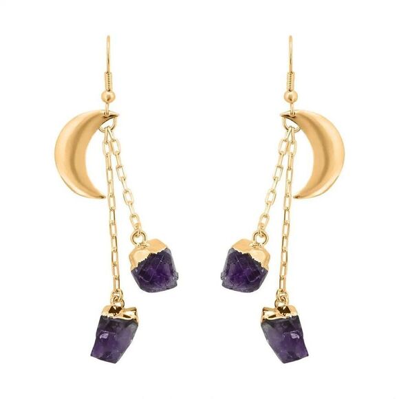 New, Not Worn, Brazilian  Amethyst, Point-Moon-Earings, in Goldtone - Picture 4 of 6